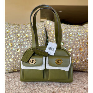 Coach Olive Green Leather Satchel with Gold Hardware and Front Pockets